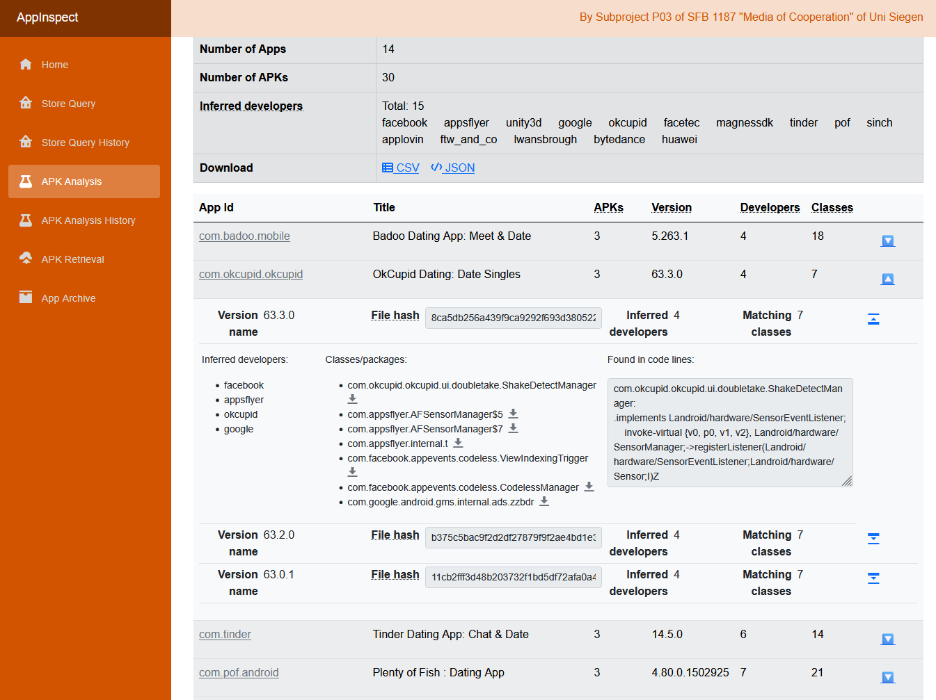Screenshot of AppInspect's sensor-analysis view — a result table showing which APK versions reference Android's SensorEventListener.
