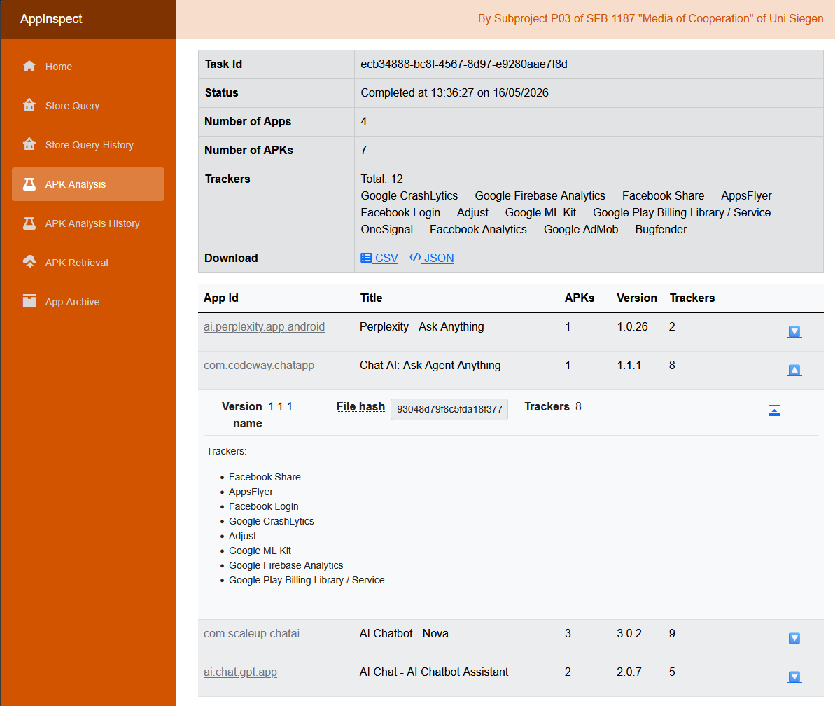 Screenshot of AppInspect's APK-analysis view: a completed analysis of four AI chatbot apps across seven APKs, listing twelve detected trackers in total and, expanded for one app version, its eight embedded trackers.