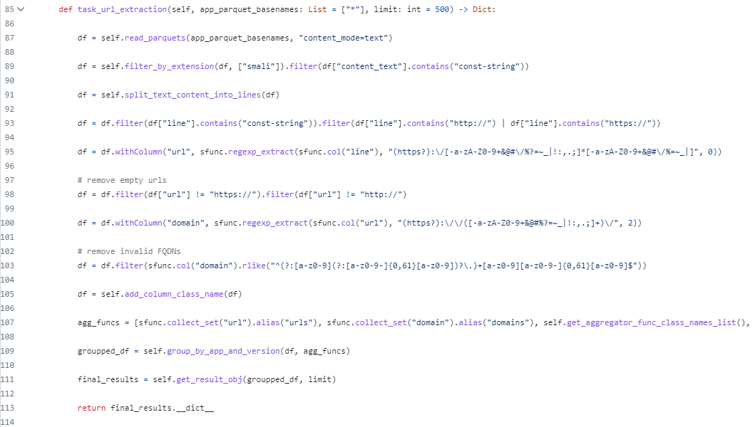 A fragment of PySpark code that extracts URLs from Smali const-string tokens and groups the result by app and version