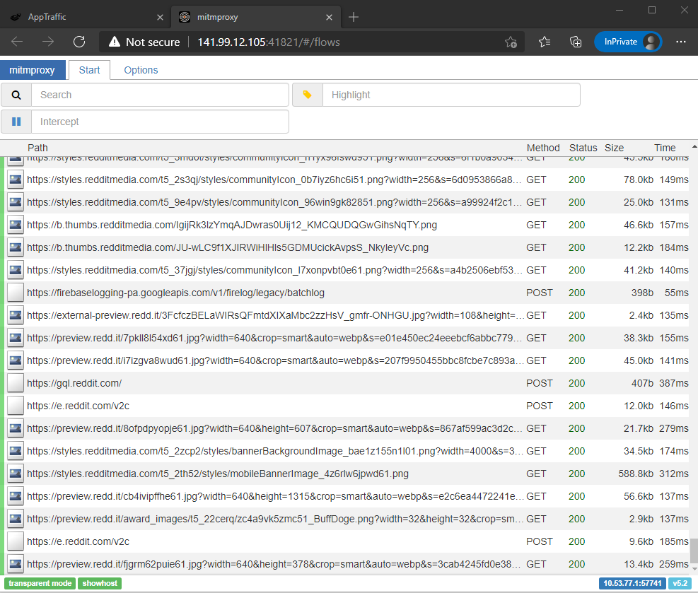 Live capture view: requests from a Reddit session appearing as they happen, with full URLs and method labels