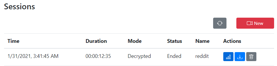 AppTraffic sessions list in the browser UI — each captured session is named, timestamped, and downloadable