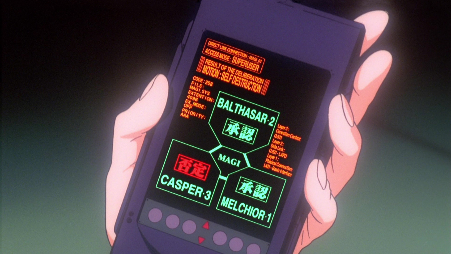 A still from the 1997 film The End of Evangelion: a hand holding a small console showing the original MAGI three-node deliberation interface, with nodes labelled BALTHASAR-2, CASPER-3 and MELCHIOR-1, two showing approve and one showing deny in Japanese kanji. Header reads RESULT OF THE DELIBERATION / MOTION : SELF DESTRUCTION.