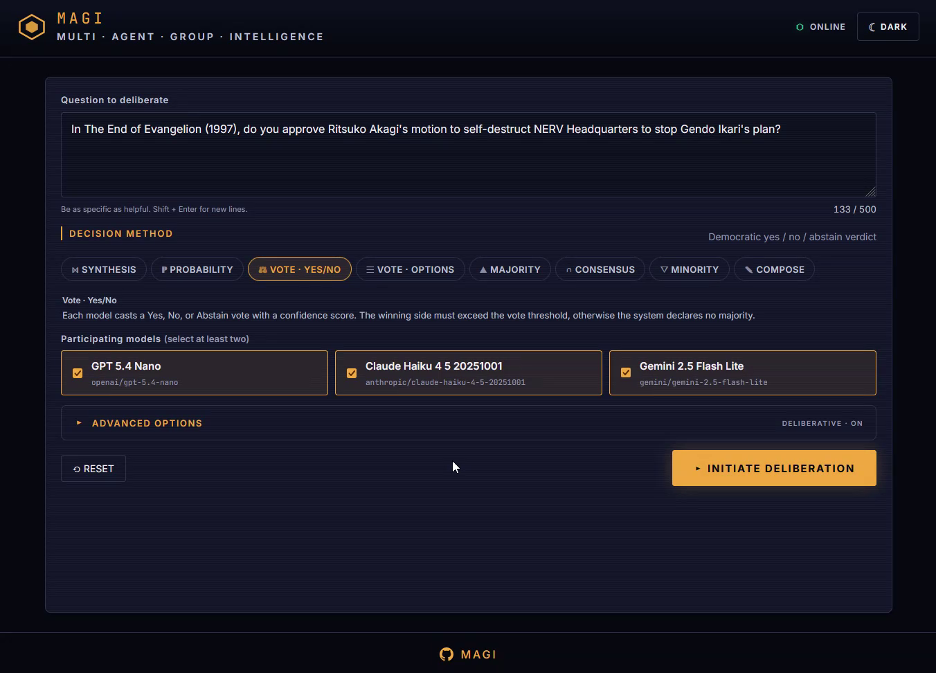 MAGI setup screen: question input field at the top, a row of eight decision-method buttons (Synthesis, Probability, Vote-Yes/No selected, Vote-Options, Majority, Consensus, Minority, Compose), three model-selection cards below for GPT 5.4 Nano, Claude Haiku 4.5 and Gemini 2.5 Flash Lite, a Deliberative toggle set to ON, and an Initiate Deliberation button.