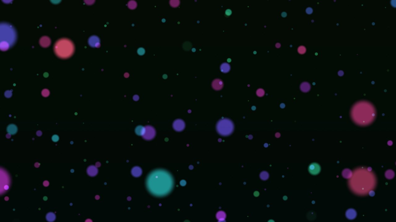 The infinite dots scene: soft dots of pink, violet and teal at many depths on a dark field