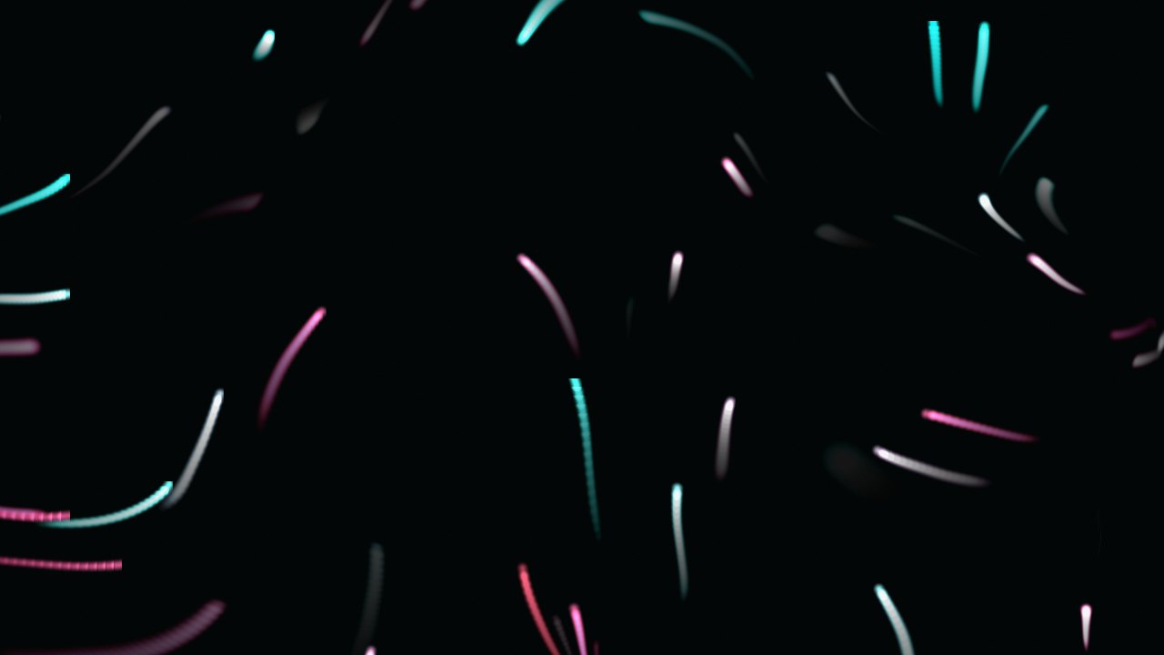 The water of light scene: thin streaks of teal and pink light drifting across a dark field