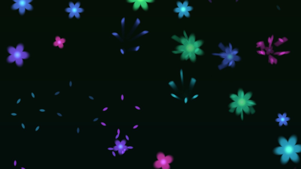 The flowers scene after three taps: flowers burst into scattering petals with soft blooms of light where the picture was touched