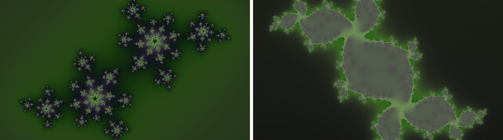 Two renders of the fractal garden. Left: dark, speckled, star-shaped fractals on a green field. Right: a softened version with rounded, pale grey shapes edged in green