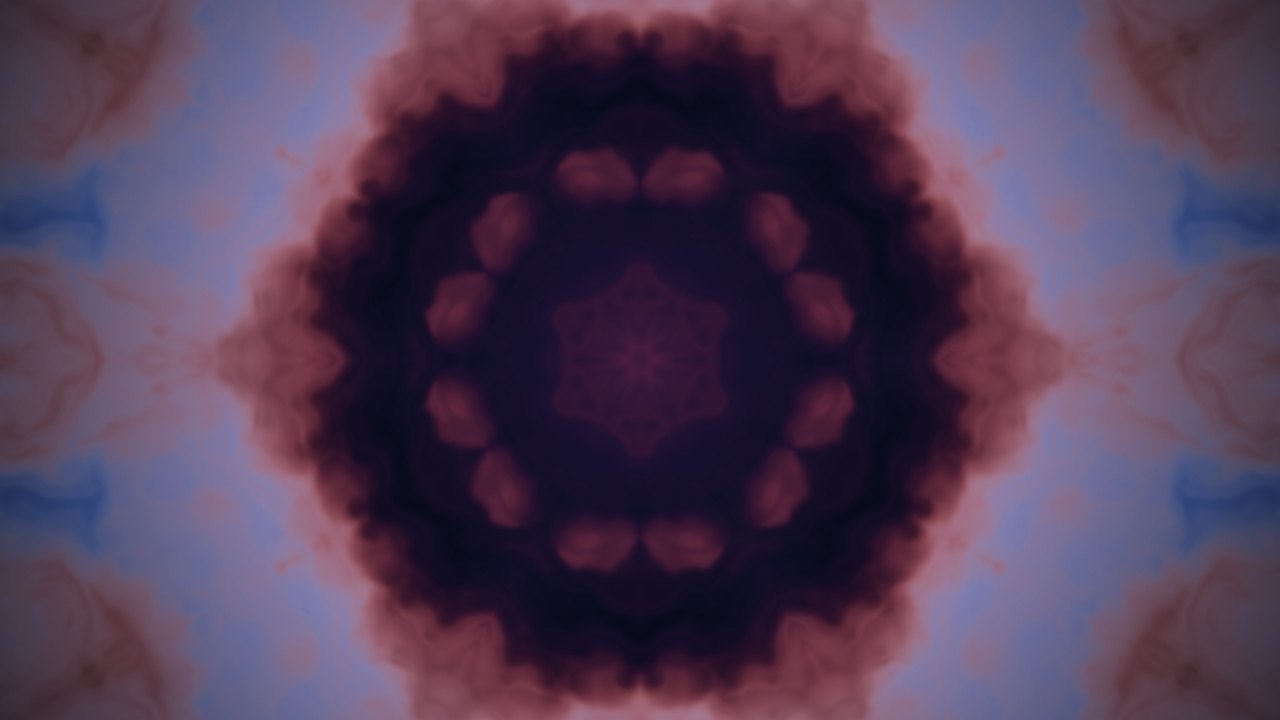 The kaleidoscope scene: a soft hexagonal bloom in rose and violet on a pale blue field