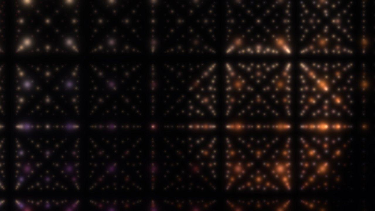 The light lattice scene: a deep grid of glowing amber and violet points receding into darkness