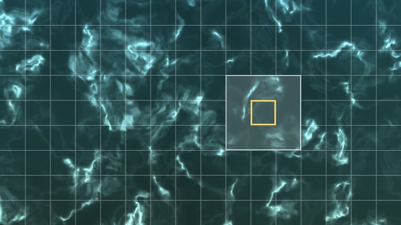 The pool light scene with a 16 by 9 grid drawn over it. One region is outlined in yellow and its eight neighbours are shaded