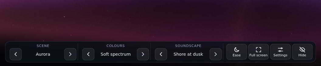 The control bar over the aurora scene: Scene, Colours and Soundscape steppers showing Aurora, Soft spectrum and Shore at dusk, then Ease, Full screen, Settings and Hide buttons