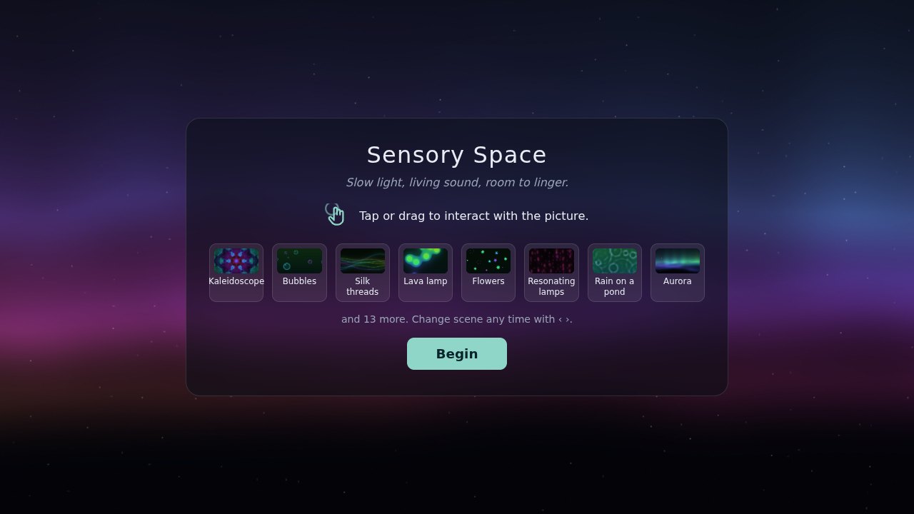 The opening card over a moving aurora: the title, a hand symbol with 'Tap or drag to interact with the picture', a row of eight scene thumbnails and a Begin button