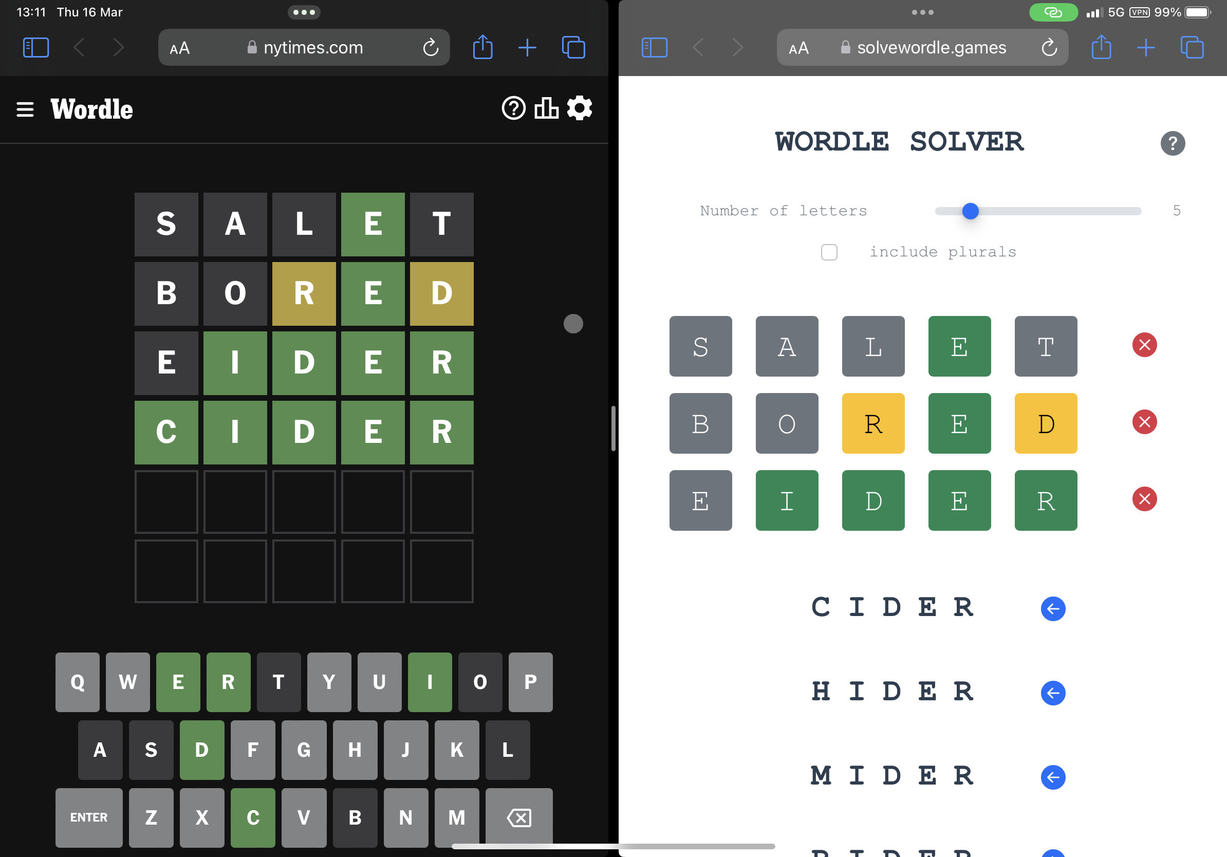 Two phones side by side: NYT Wordle on the left showing guesses SALET, BORED, EIDER, CIDER; Wordle Solver on the right showing suggested words CIDER, HIDER, MIDER
